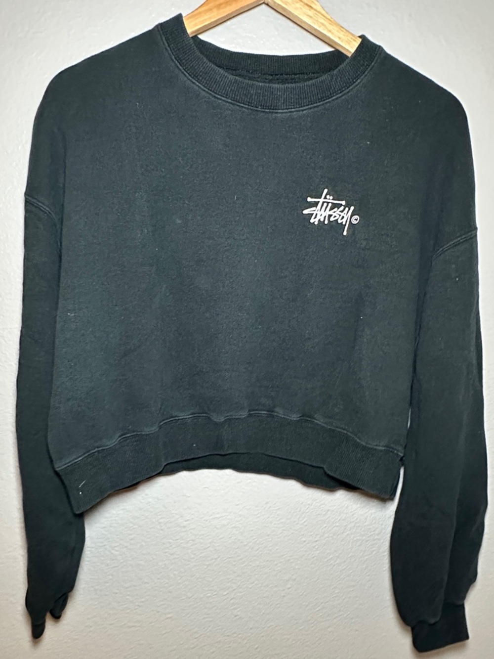Stussy Black Cropped Crewneck with White Logo